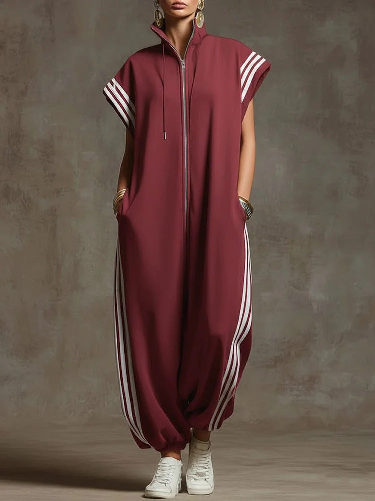 Fashionable Stripe Zipper Stand Collar Jumpsuit for Spring and Summer