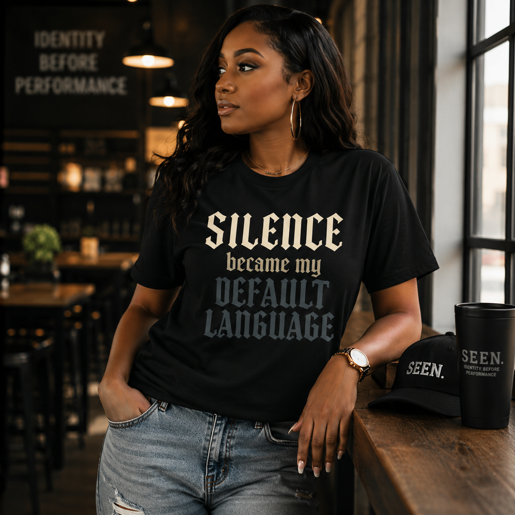 Black gothic quote T-shirt from Wear Your Worship with "Silence Became My Default Language" printed in white lettering.