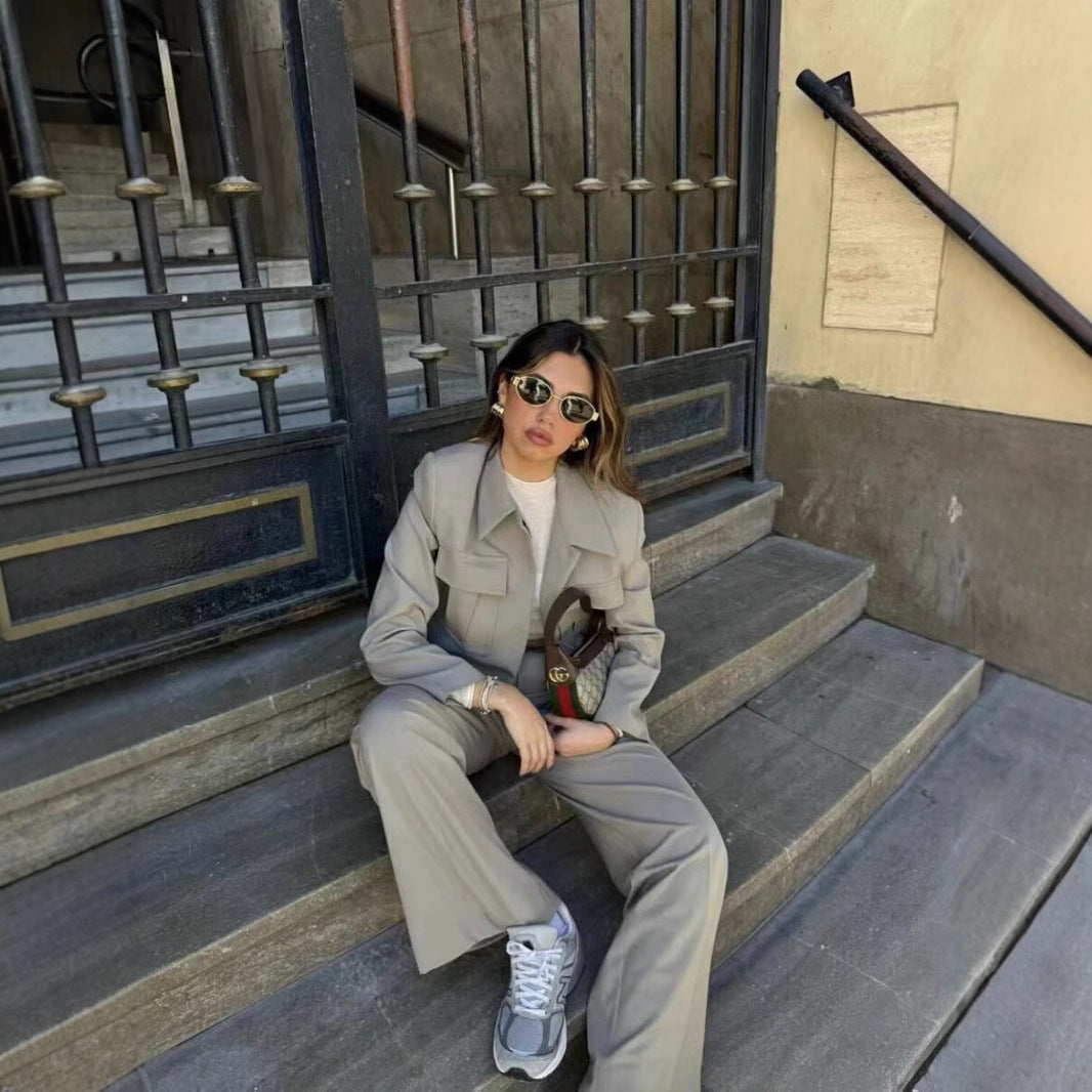 Eprolo women's short jacket suit with long pants, stylish fashion ensemble featuring a tailored jacket and matching trousers.