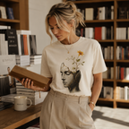 Wear Your Worship Still Becoming T-Shirt featuring cracked sculpture and flower growth design, casual unisex graphic tee.