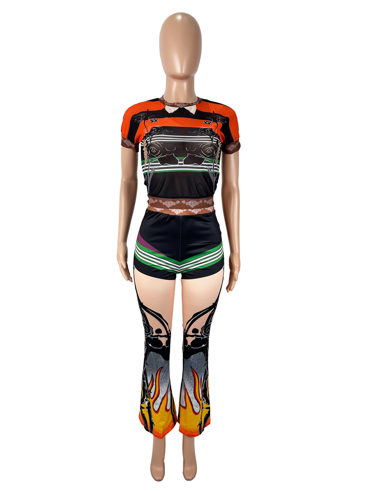 Sheer mesh round neck pullover and elastic high waist flared pant set from Plush Fashion Hub, shown on a model.