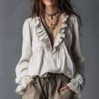 Lotus leaf edge half zipper V-neck lace flared sleeve long sleeved top