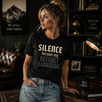 Black gothic quote T-shirt by Wear Your Worship with "Silence Became My Default Language" printed on the front.