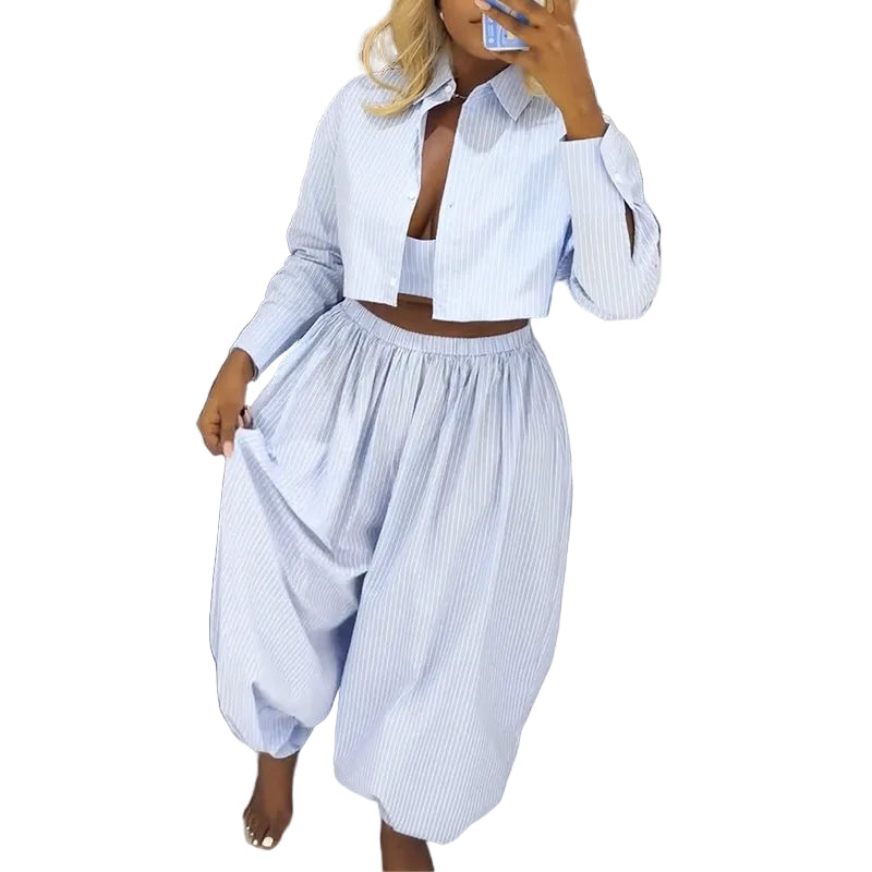 Coastal Chic Striped Strapless Top and Wide Leg Pant Set
