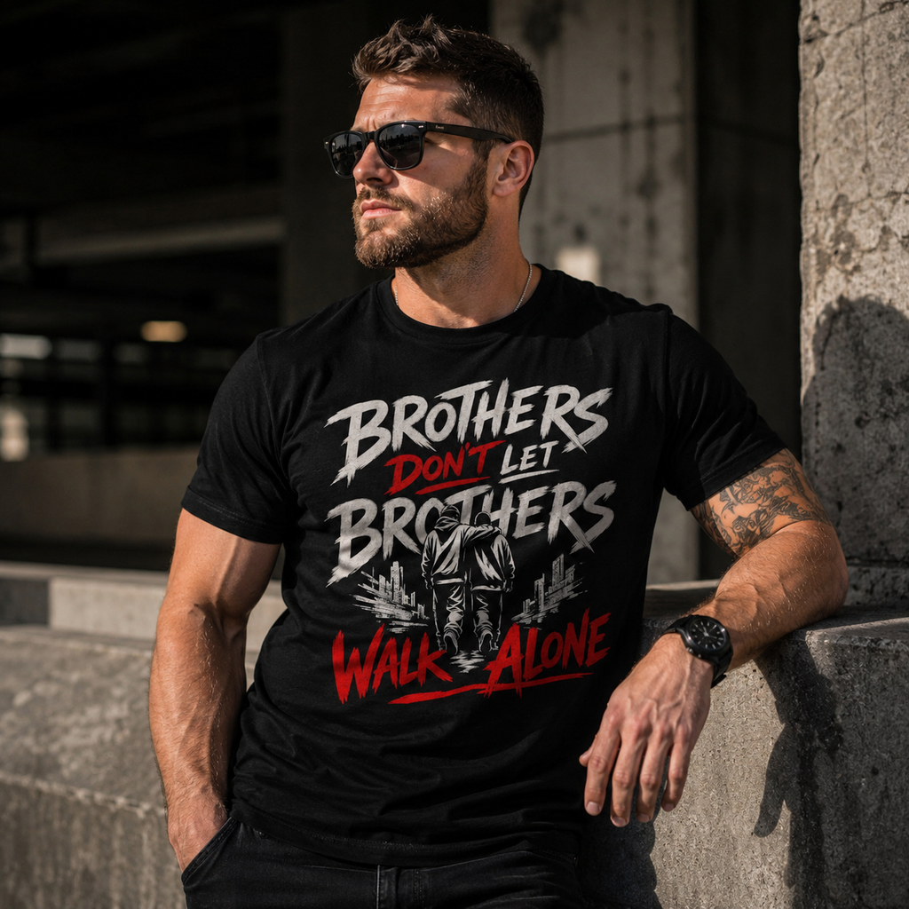 Wear Your Worship Brothers Don't Let Brothers Walk Alone T-Shirt, front view showing black fabric and printed slogan.