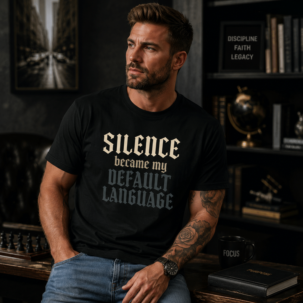 Black gothic quote T-shirt by Wear Your Worship featuring the phrase "Silence Became My Default Language" printed on the front.