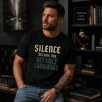 Black gothic quote T-shirt by Wear Your Worship featuring the phrase "Silence Became My Default Language" printed on the front.