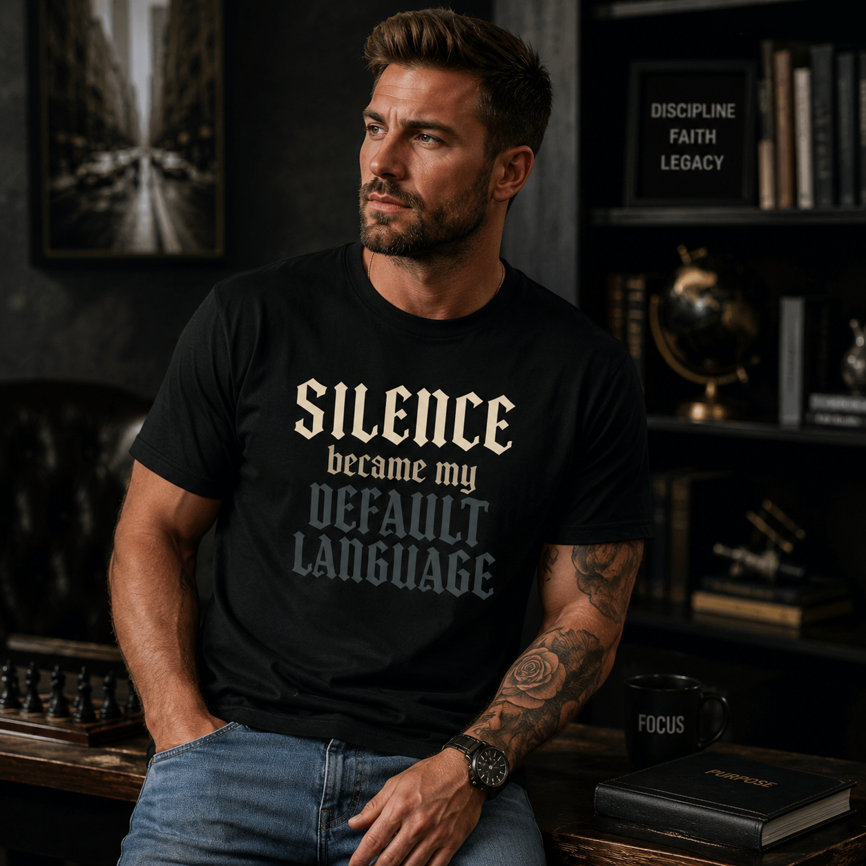 Black gothic quote T-shirt by Wear Your Worship featuring the phrase "Silence Became My Default Language" printed on the front.
