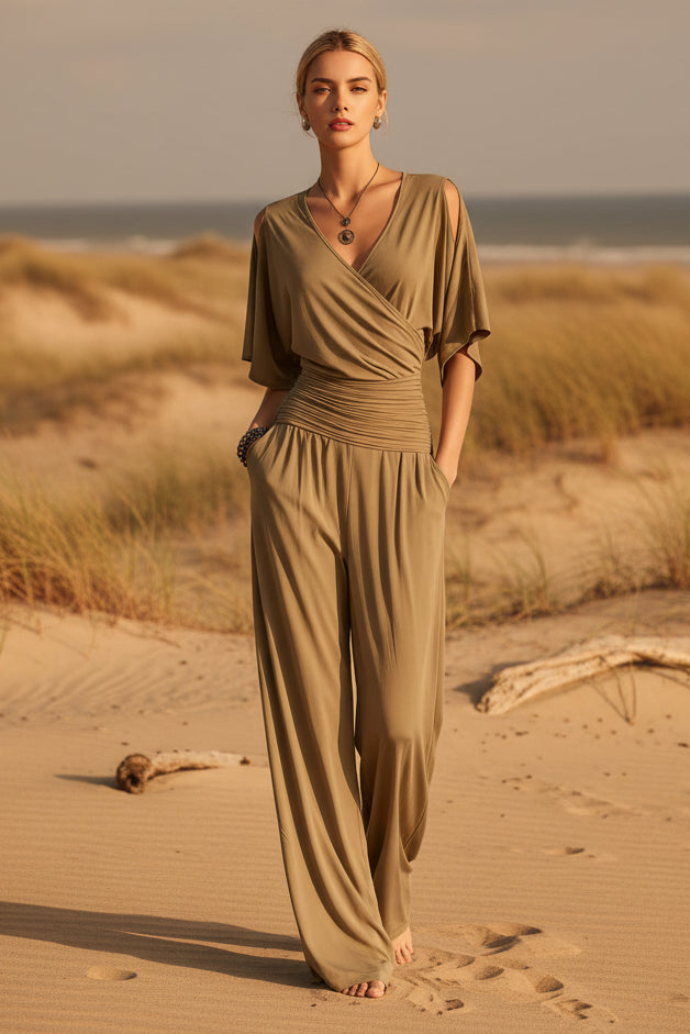 Women's FitiqueFit V-neck slim fit straight leg jumpsuit, stylish and comfortable romper for casual or dressy occasions.