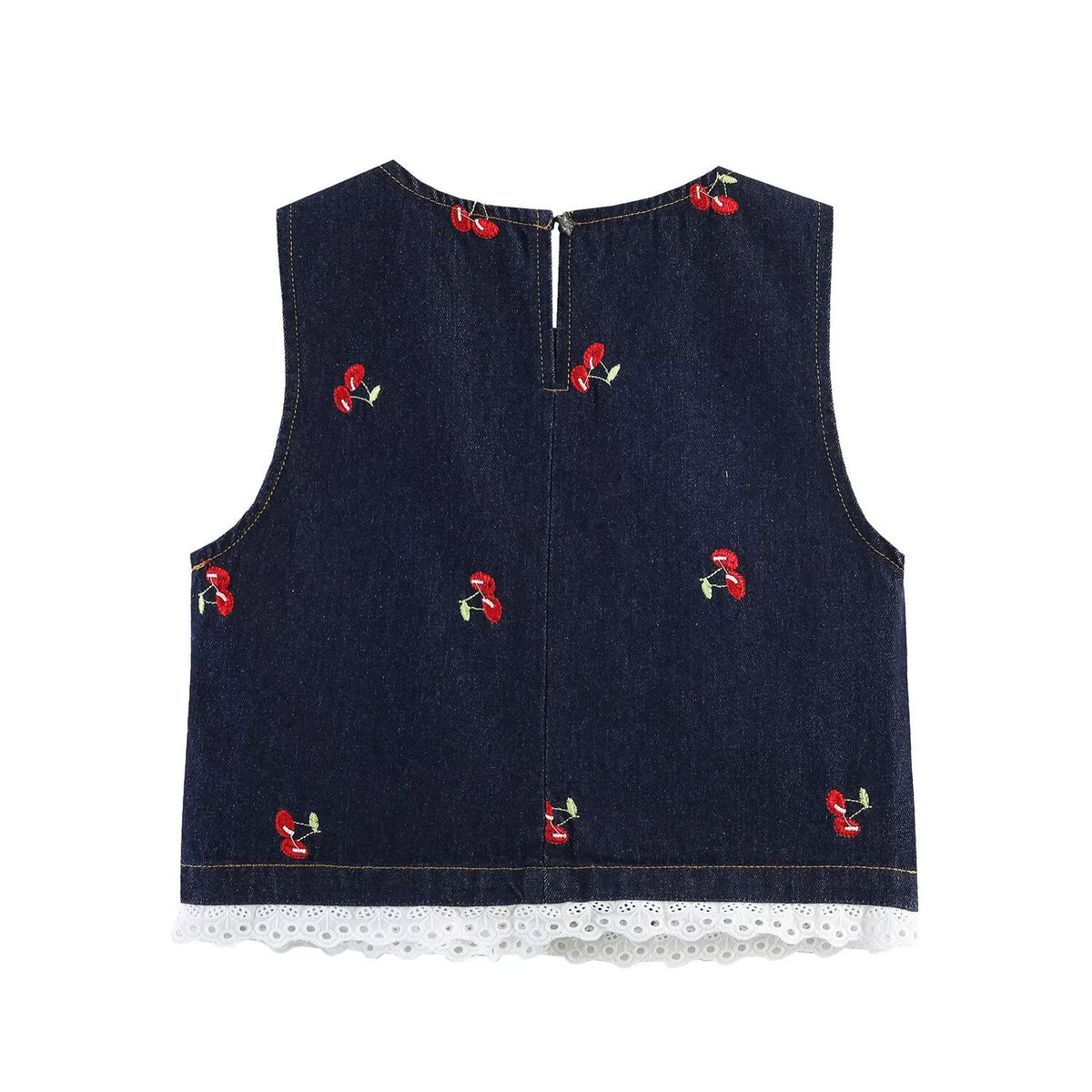 Dark blue denim sleeveless top with cherry embroidery, white eyelet lace hem, and back keyhole closure.