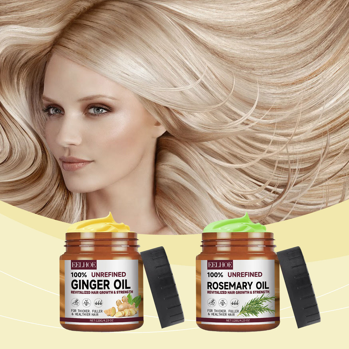 Two brown jars of hair oil with black caps, one with yellow ginger oil, one with green rosemary oil, and a woman.