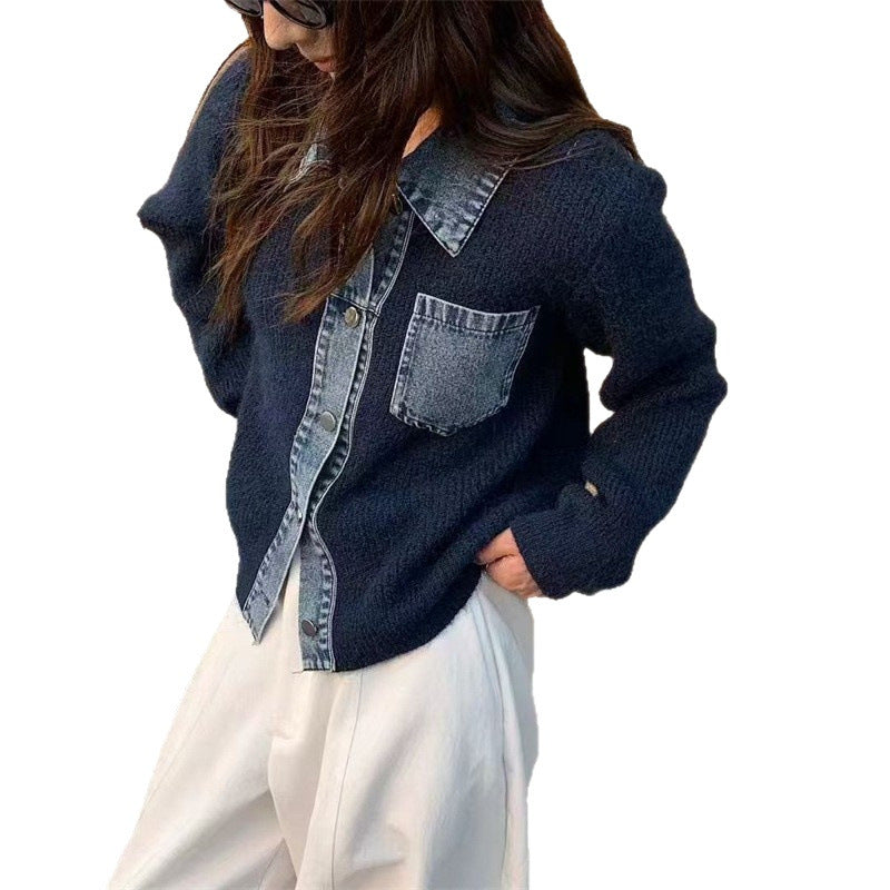 Dark blue knitted cardigan with denim collar, placket, and chest pocket, styled with buttons.
