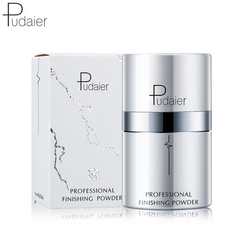Pudaier professional finishing powder container and white box with silver marble pattern and black text.