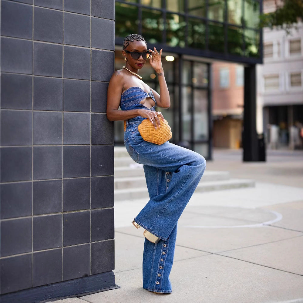 Eprolo high waist heavy wash denim pants with multi-button front and classic straight-leg design.