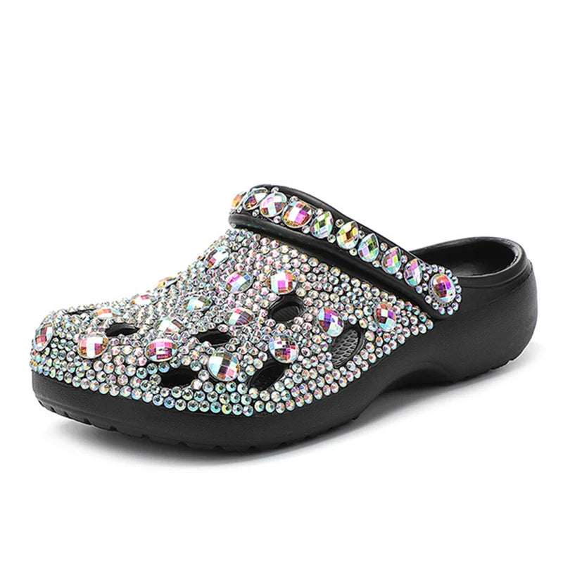 Luxe rhinestone-embellished slide sandals by Plush Fashion Hub featuring sparkling details and open-toe design.