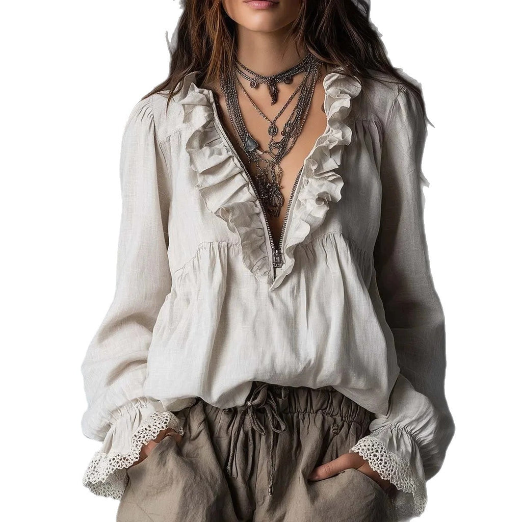 Lotus leaf edge half zipper V-neck lace flared sleeve long sleeved top