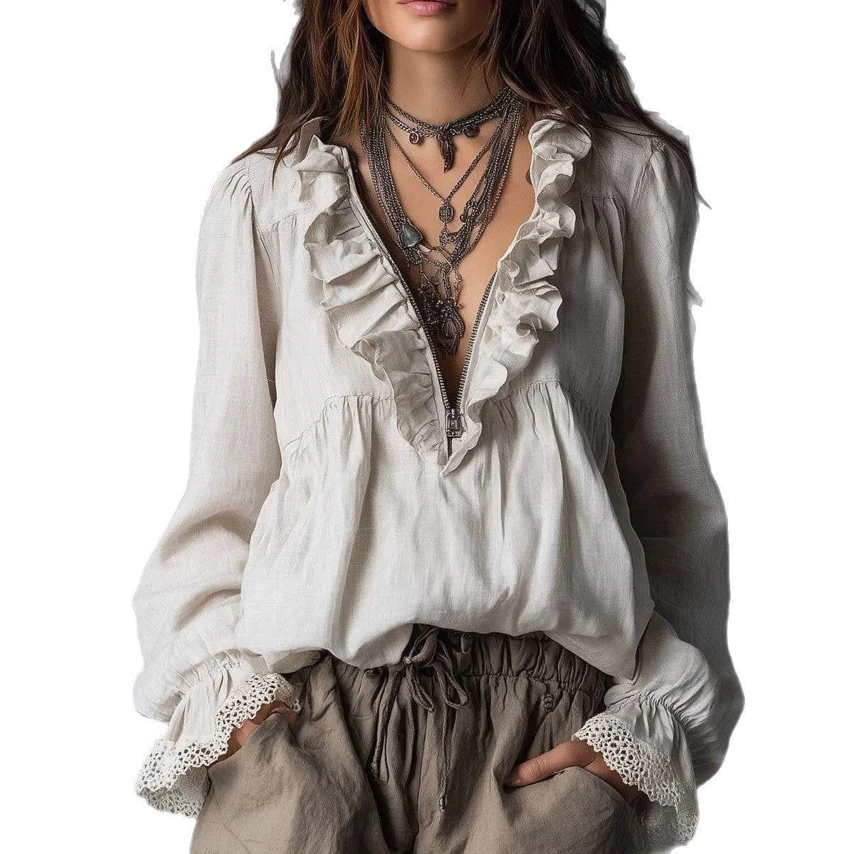 Lotus leaf edge half zipper V-neck lace flared sleeve long sleeved top