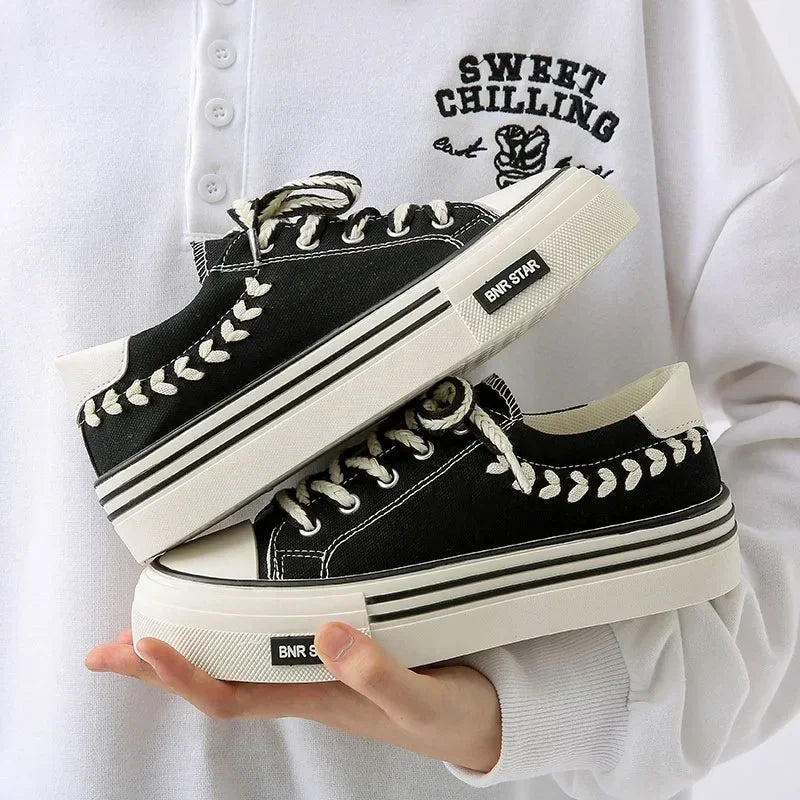 Women's platform canvas chunky sneakers by FitiqueFit, showing stylish height-increasing trainers with thick soles and casual design.