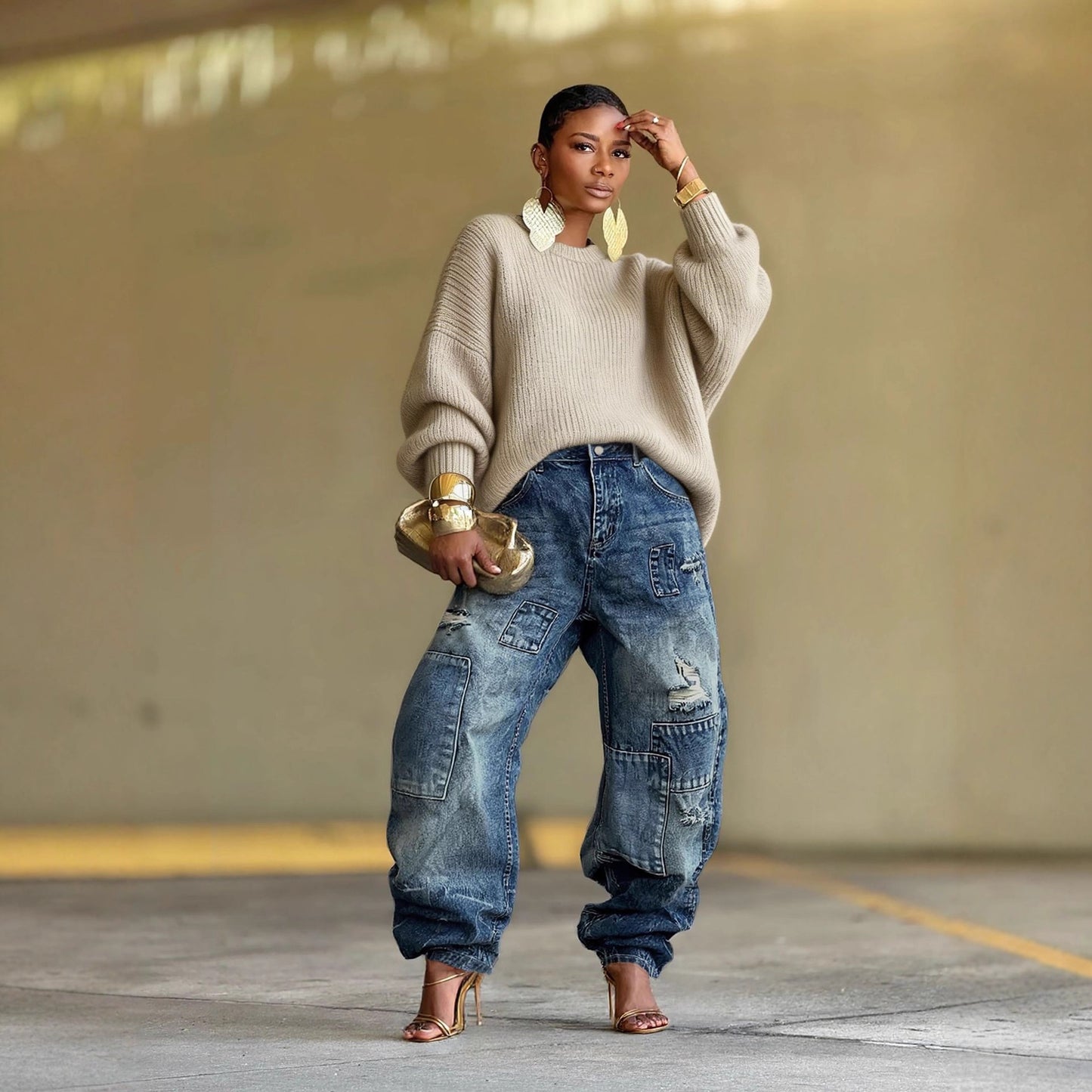 Men's casual streetwear denim jeans by Plush Fashion Hub, straight leg fit with ripped patchwork and washed finish.