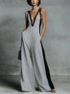 Women's color-block sleeveless V-neck wide-leg jumpsuit in casualwear style, featuring long pants, by Plush Fashion Hub.