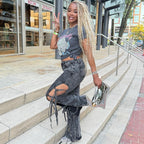 Western-style Women's Jeans, Washed with Slit and Tie String Detail, High Waist Long Pants