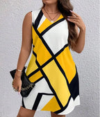 Women’s geometric print V-neck sleeveless dress by Trendy Attic Store01, showcasing its stylish pattern and flowing fabric.