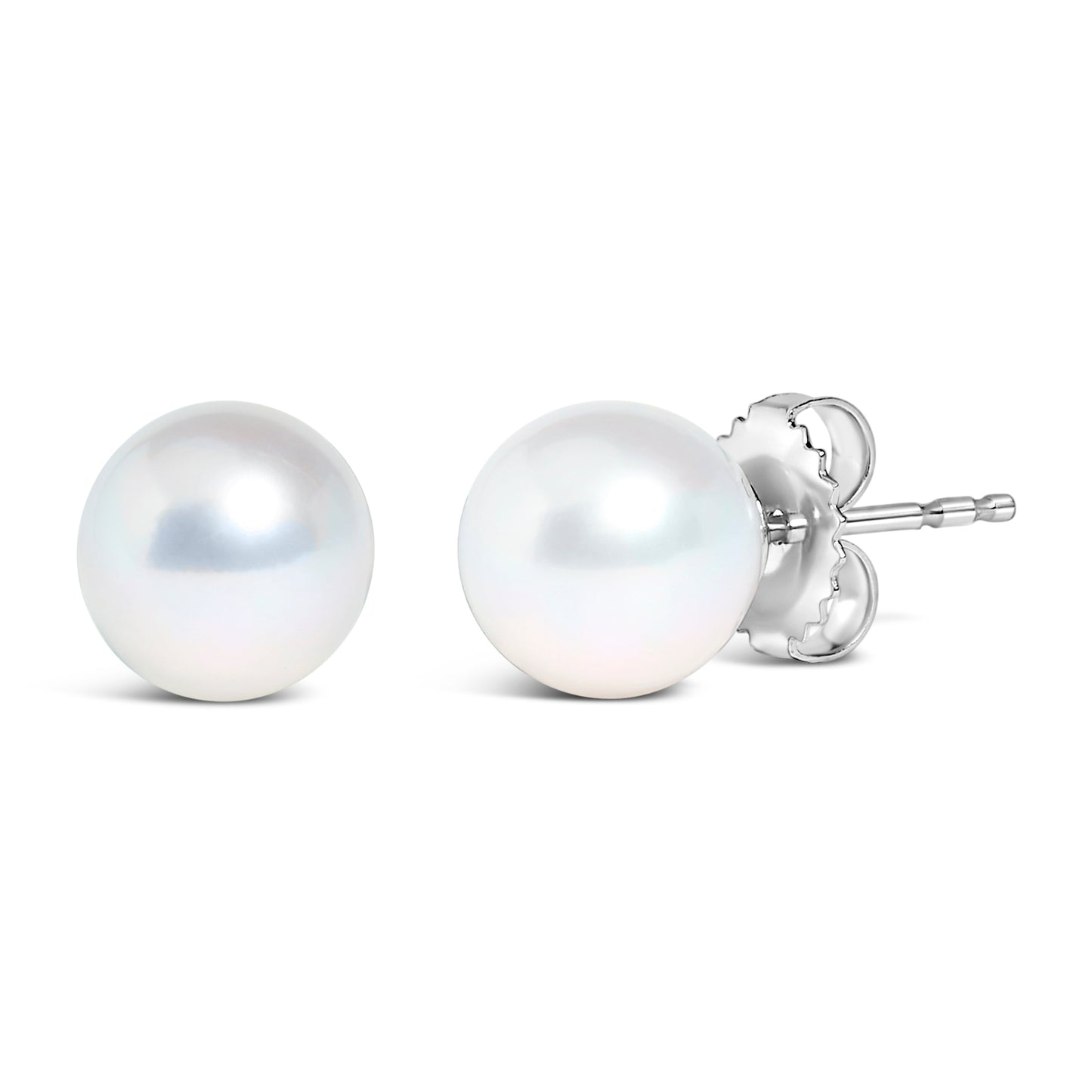 14k white gold freshwater pearl stud earrings with 5-5.5mm round pearls, featuring a classic solitaire design.