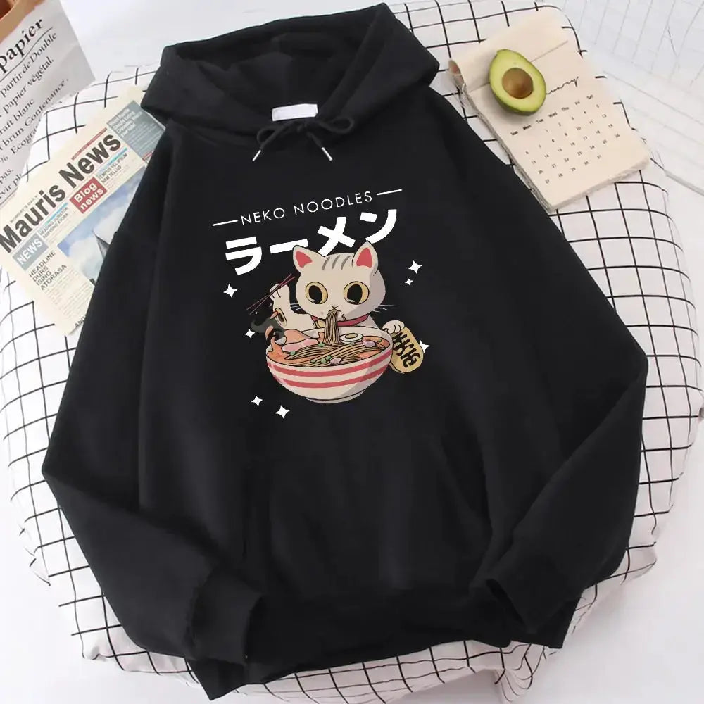 Women's retro cat print crewneck sweatshirt from Plush Fashion Hub, soft cozy graphic pullover with a stylish feline design.