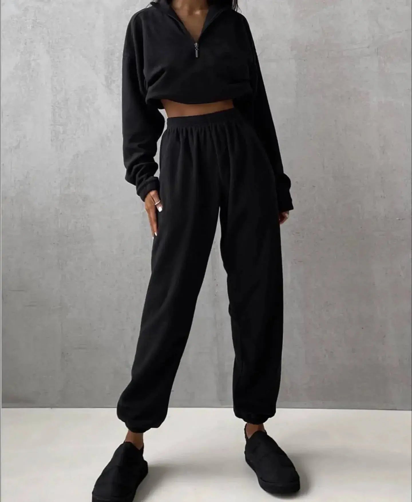 Women's high collar fleece sweatsuit from Plush Fashion Hub, cozy two-piece lounge set with a stylish fleece sweater and matching pants.
