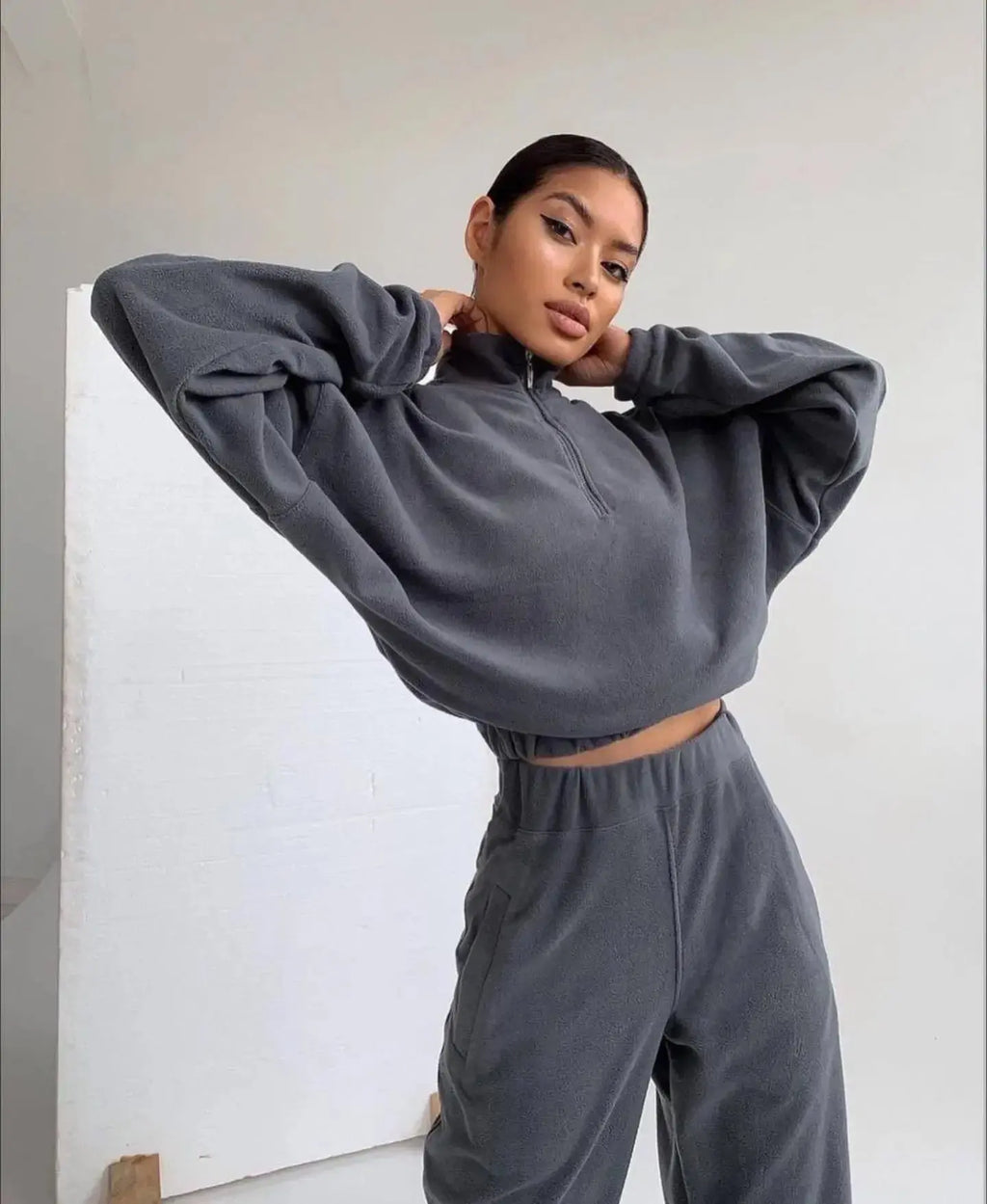 Women's high collar fleece sweatsuit by Plush Fashion Hub featuring a cozy two-piece lounge set with a stylish high collar fleece sweater.