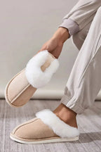 Soft plush faux fur indoor slippers for women with round toe design by Plush Fashion Hub, cozy house shoes for comfort.