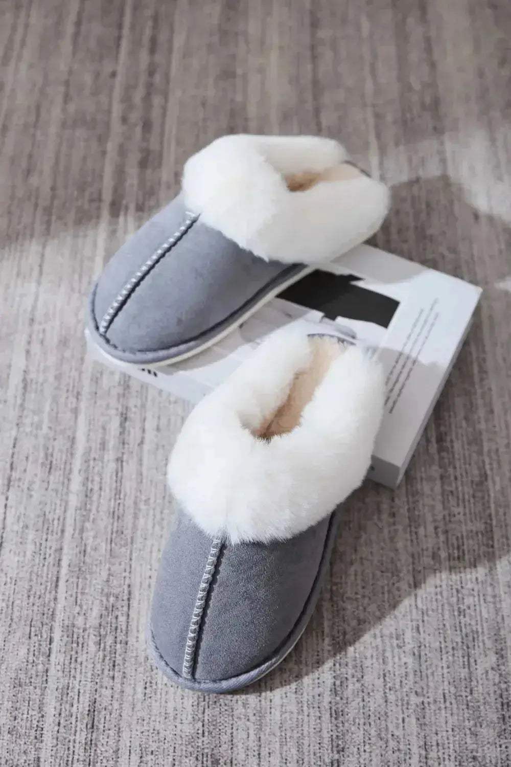 Soft plush faux fur indoor slippers for women with round toes from Plush Fashion Hub, cozy house shoes for comfortable wear.