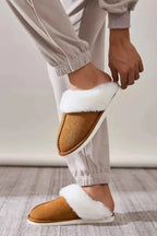 Soft plush faux fur indoor slippers for women with round toes from Plush Fashion Hub, cozy house shoes for comfortable indoor wear.