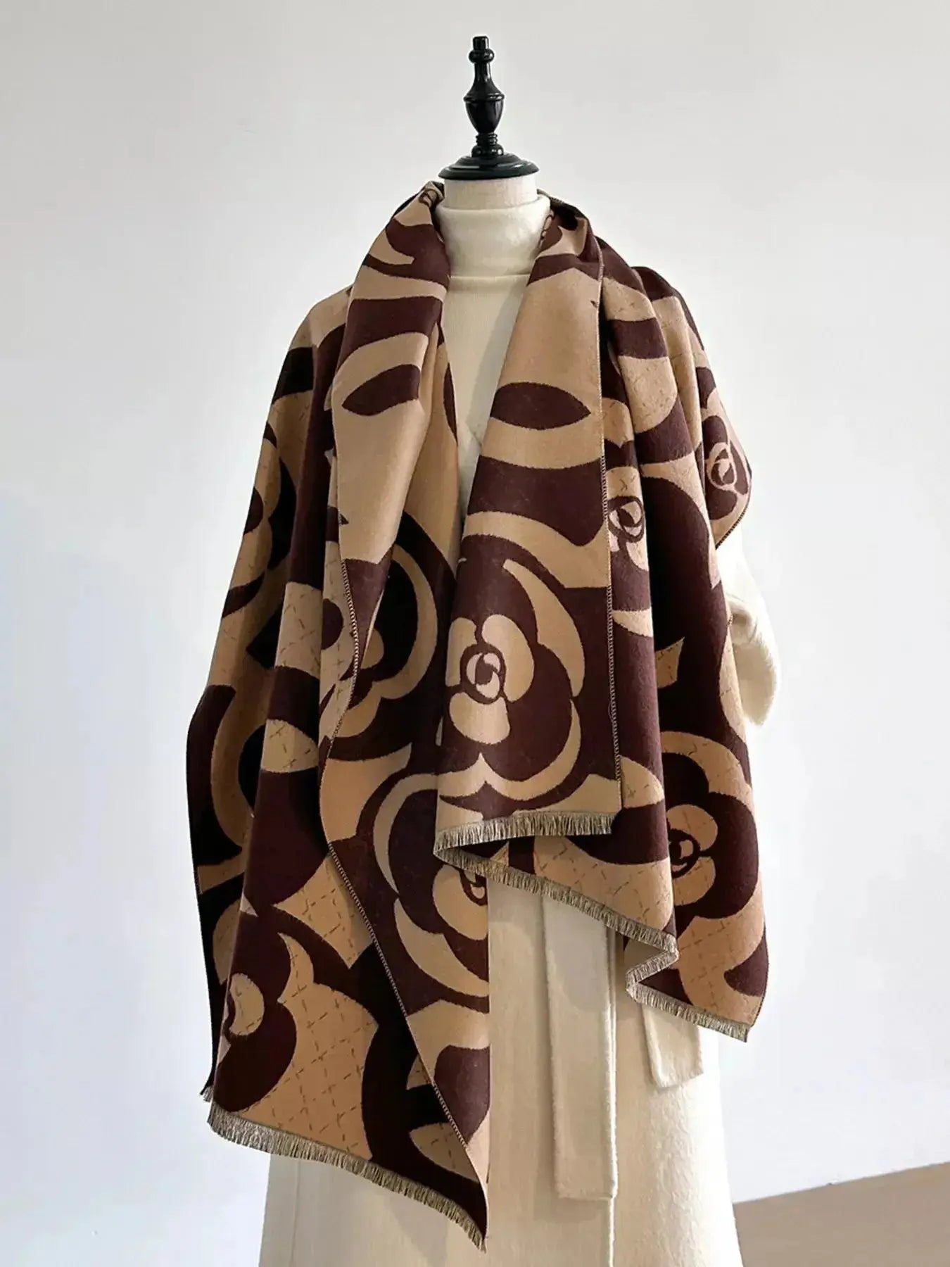 Floral patterned winter scarf by Plush Fashion Hub, soft cozy warm accessory for autumn and winter seasons.