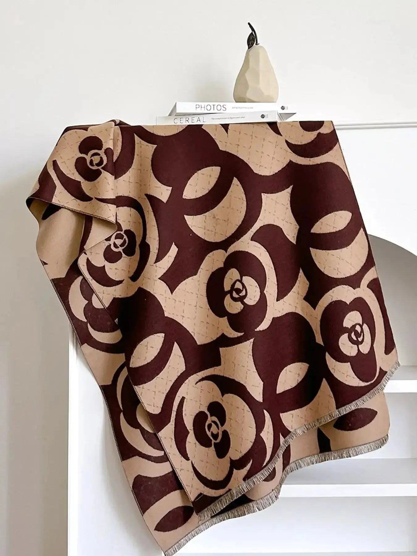 Floral patterned winter scarf from Plush Fashion Hub, soft and warm accessories ideal for autumn and winter wear.