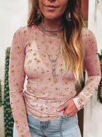 Floral print long sleeve sheer mesh blouse by Plush Fashion Hub, feminine layering top with delicate floral design.