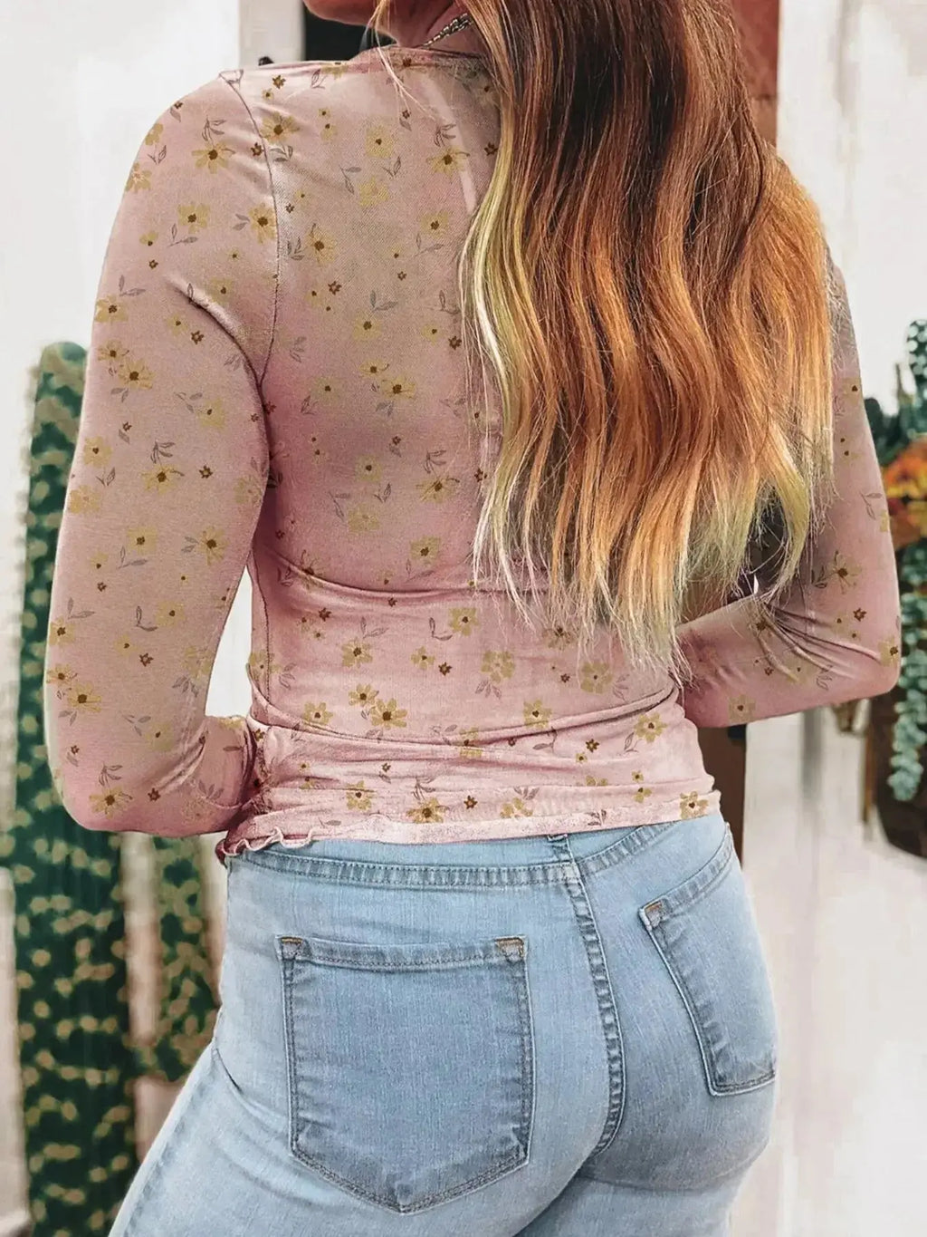 Floral print long sleeve sheer mesh blouse by Plush Fashion Hub, feminine layering top with delicate floral pattern and lightweight fabric.