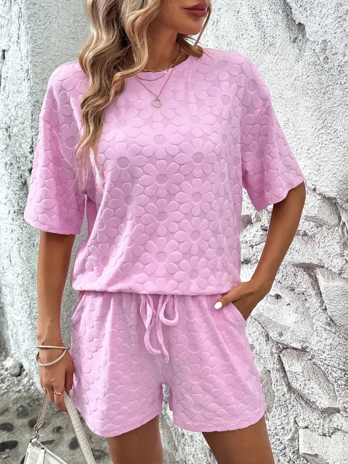 Floral print round neck top and matching shorts lounge set by Plush Fashion Hub, perfect for comfortable home wear.