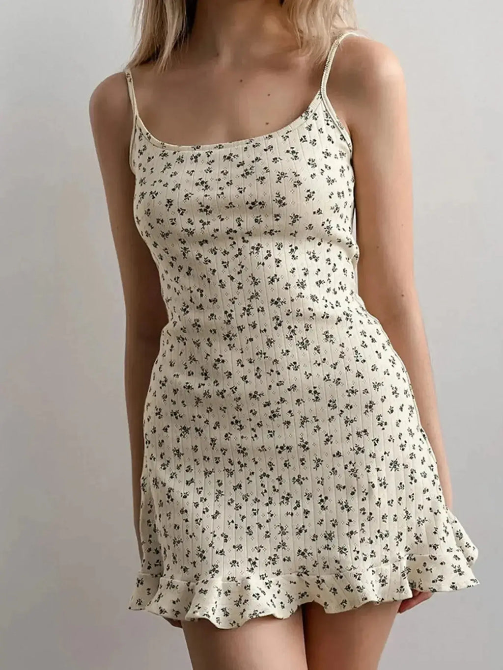 Floral print ruffle hem cami lounge dress from Trendsi, soft lightweight sleepwear, comfortable pajama dress for relaxing nights.