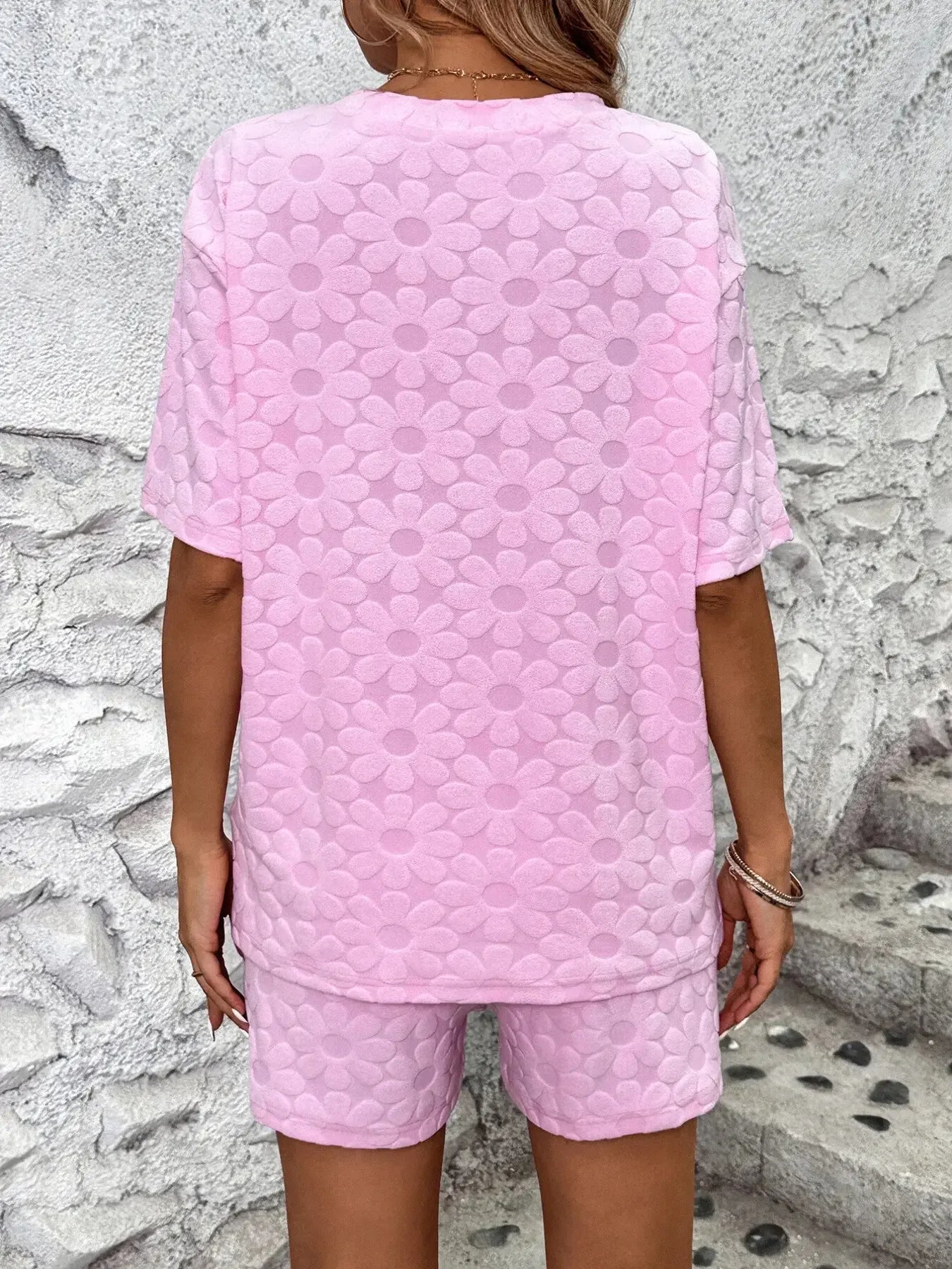 Flower Round Neck Top and Shorts Lounge Set - Plush Fashion Hub