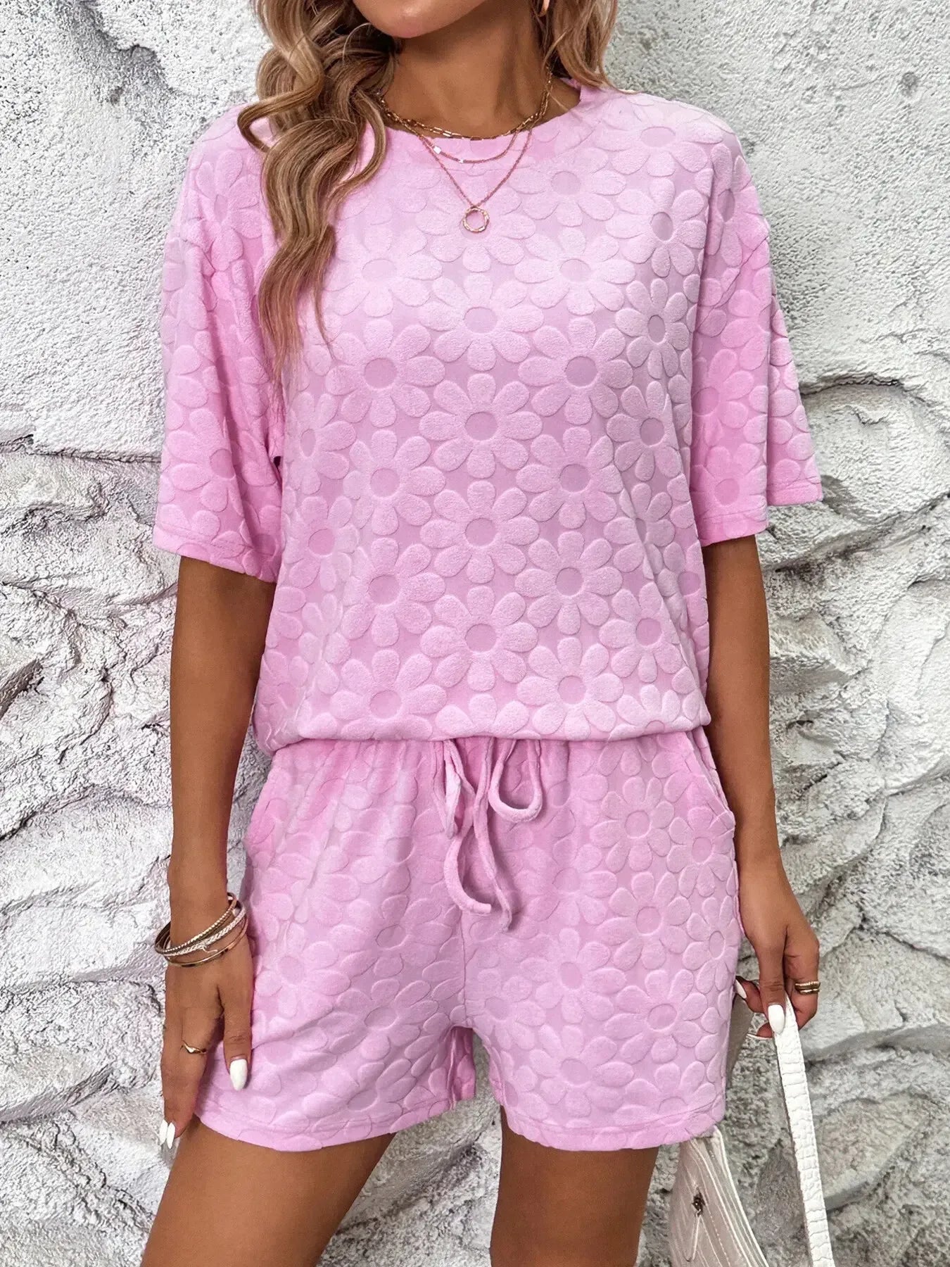 Flower Round Neck Top and Shorts Lounge Set - Plush Fashion Hub