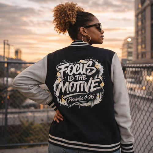 Wear Your Worship varsity jacket featuring Proverbs 4:25 inspirational lettering on the front and a classic letterman style design.