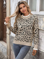 Frill Leopard Long Sleeve Sweater - Plush Fashion Hub
