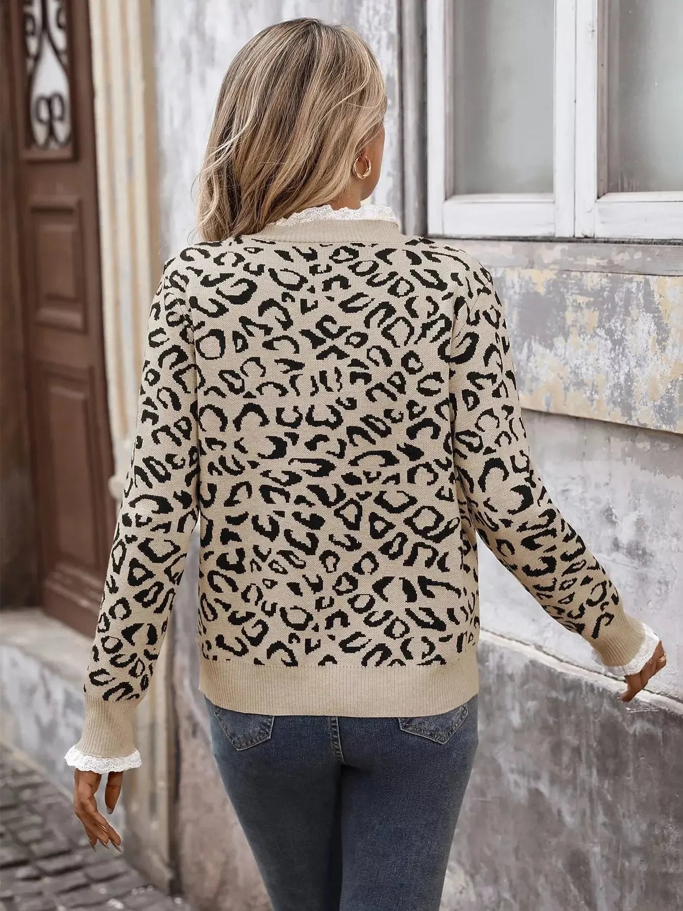Frill Leopard Long Sleeve Sweater - Plush Fashion Hub