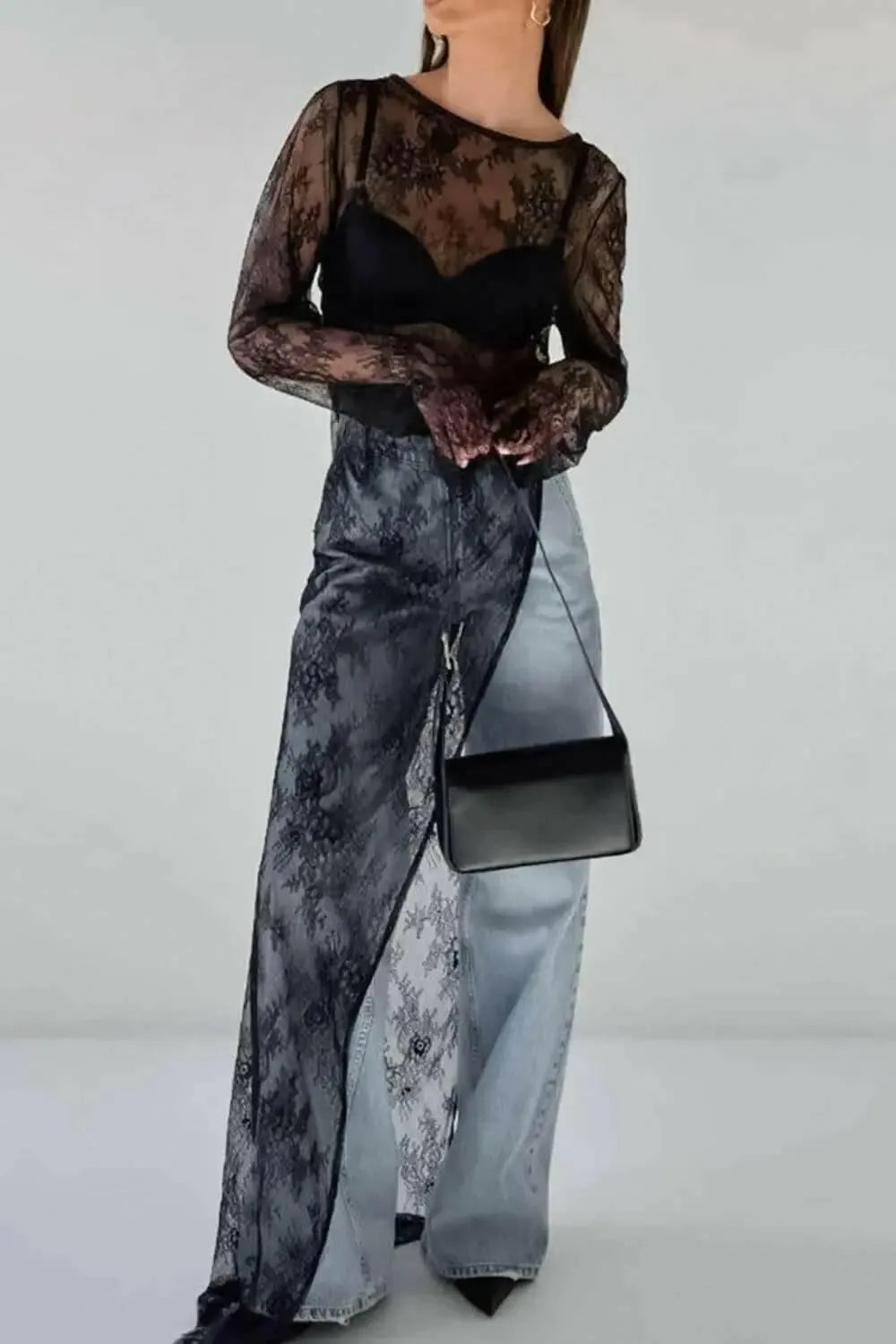 Fringe Round Neck Long Sleeve Lace Sheer Top - Plush Fashion Hub