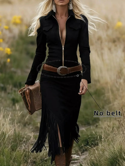 Fringe Zip Front Long Sleeve Dress - Plush Fashion Hub