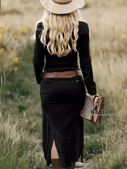 Fringe Zip Front Long Sleeve Dress - Plush Fashion Hub