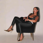 Shiny black front step leggings by Plush Fashion Hub featuring high-gloss, premium stretch skinny pants with a sleek fit.