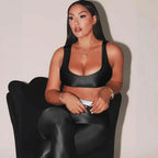 Shiny high-gloss front view of Plush Fashion Hub's premium stretch skinny leggings, showcasing their glossy finish and sleek fit.