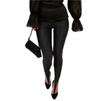 Shiny high-gloss front step leggings by Plush Fashion Hub featuring premium stretch skinny pants for a sleek, stylish look.